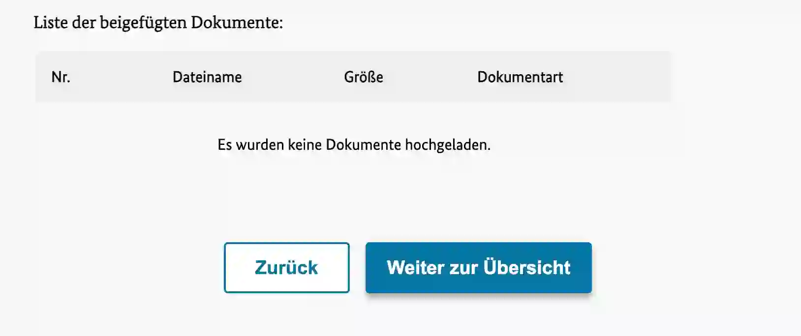 Formularschritt „Liste der beigefügten Dokumente“ mit dem Knopf „Weiter zur Übersicht“.