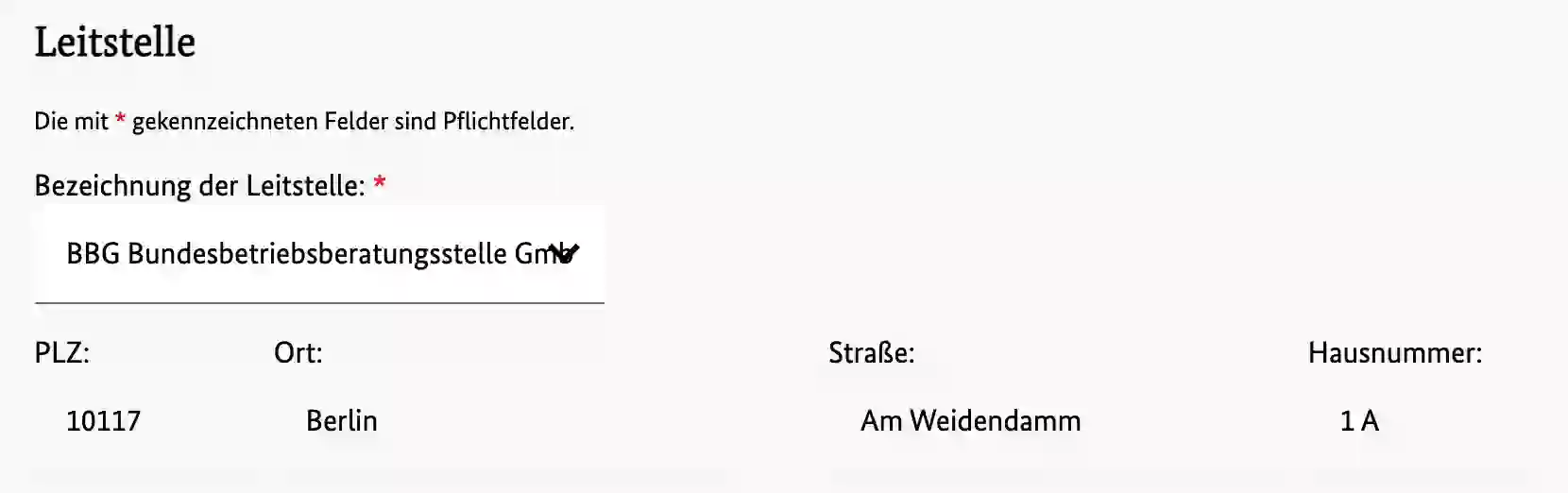 Formularschritt „Leitstelle“ mit der Auswahl „BBG Bundesbetriebsberatungsstelle GmbH“, 10117 Berlin, Am Weidendamm 1 A.