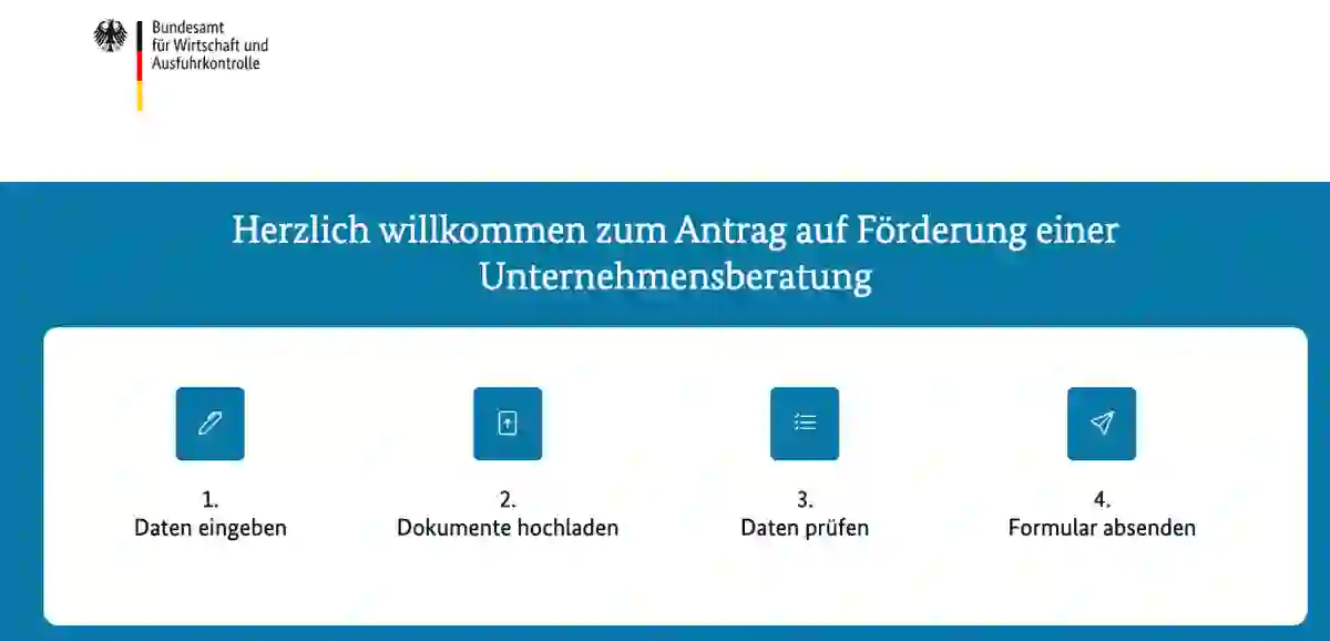 Startseite des BAFA-Antragsformulars mit den vier Schritten: Daten eingeben, Dokumente hochladen, Daten prüfen, Formular absenden.
